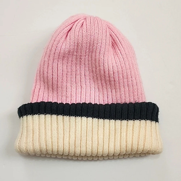 2-Tone Womens Pink & Cream & Grey Beanie Fold Hat - Picture 1 of 10